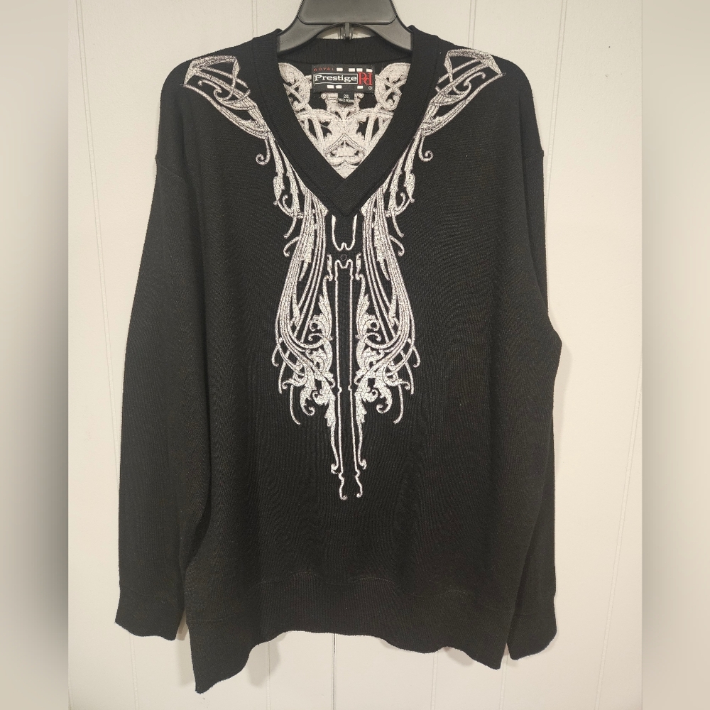 Royal Prestige Mens 2XL Geometric Embroidered Pullover Sweater Black Vintage
